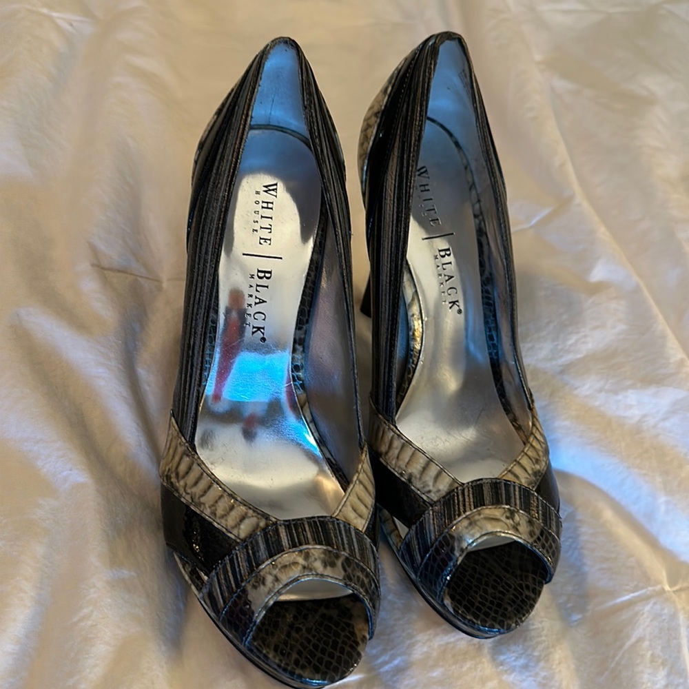 White House Black Market snake skin open toe heels